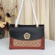 Chris精品代購 美國Outlet COACH 29416 蛇紋真皮 鉚釘設計 花朵鎖扣 可手提 可肩背 斜背包 黑色