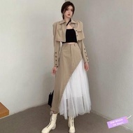 ✦Ready Stock✦ celana kulot wanita perempuan Temperament short blazer, high-waisted mesh skirt, two-piece set of women's 2021 autumn new cargo suit
