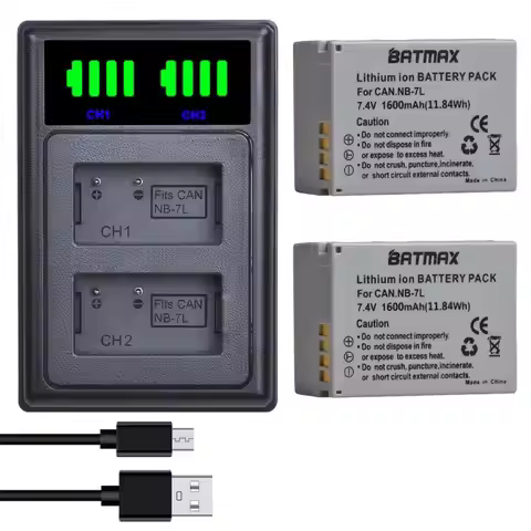 Batmax NB-7L NB 7L NB7L 1600mAh Battery+LED USB Dual Charger with Type C Port for Canon PowerShot G1