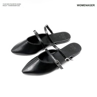 womenager - Railey Black leather รองเท้าหัวแหลมเปิดส้น
