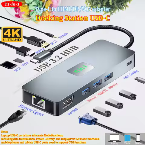 11 in 1 MST USB-C Hub Type-c to HDMI-adapter DP VGA Gigabit Ethernet 10Gbps USB 3.2 3.5mm Aux Dockin