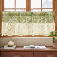 Pastoral Green Botanical Plant Sheer Short Curtain Valance for Kitchen Small Window Wisteria Leaves with Retro Crochet Linen Boho Half Tier Curtain Topper Rod Pocket for Patio Door