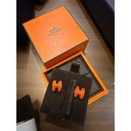 H耳環 HERMES 愛馬仕 金色POP H橘紅色耳環