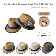 Children's Woven Fedora Hat with M Ribbon Pattern biru