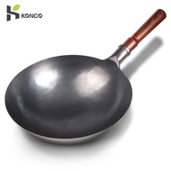 Konco 30CM/32CM/34CM Uncoated Pan Frying Pan Chinese Iron Wok With Wooden Handle Wok Gas stove Cooker Pan Stir Fry Pan Kitchen Cookware