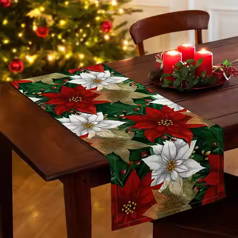 Christmas Poinsettia Table Runner Linen Fake Kitchen Dining Decor for Indoor Outdoor Home Wedding Pa