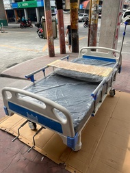 2 CRANKS HOSPITAL BED COMPLETE SET ( WITH LEATHER MATTRESS, IV POLE AND BED TABLE )
