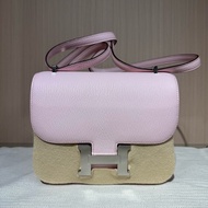 HERMES愛馬仕 Constance 19 粉色銀扣  斜挎單肩包
