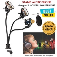 Fleksibel Stand Mikrofon & 2 x Lazypod Smartphone Holder dengan Pop Filter Stan Mic Pendek Tiang Mix