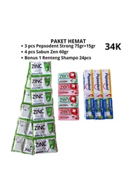 Paket Mandi Lengkap 3 Pepsodent 90gr 4/3 Sabun Mandi 24 Pcs Shampo Zink (1 Renteng)