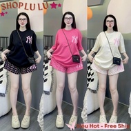 (LL) Loose T-shirt Set with 2-sided Ny Letter Printed Shorts Mixed with 3D Letter Printed T-shirt Fe