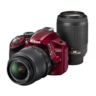 【Excellent】 Nikon D3200 Digital SLR Camera with 200mm Double Zoom Kit (18-55mm/55-200mm Lenses), Red