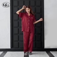 G&G ชุดนอน เสื้อแขนสั้นคอปก กางเกงขายาว ผ้าซาติน EN4S001 สีแดง (RE)