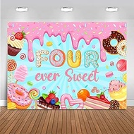 Mocsicka 4th Birthday Backdrop Girls Four Ever Sweet 4th Birthday Decoration Sprinkle Pink Blue Cand