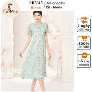Đầm công sở CITI MODE FASHION thiết kế Đầm xoè hoa xanh tay rủ đính nơ DH5315