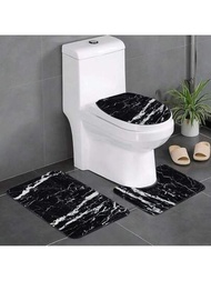 3入組創意黑白大理石記憶海綿印花浴室地墊套裝，配有防滑馬桶蓋