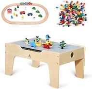 KRAND Kid's All-in-One Activity Play Table with 290 Building Bricks and 30-Piece Wooden Train Set Railway,Cars,Track and Accessories for Toddlers Boys and Girls Children's Toy Playset Game Desk