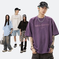 Retro Textured Suede Short-Sleeved T-Shirt Men Women Spring Street Wear Embroidered Letters High Str
