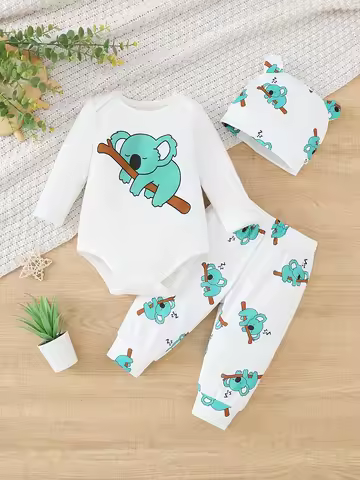 Unisex baby's four-season cute animal-patterned round-neck long-sleeve top with long pants, a must-h