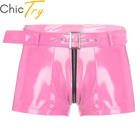Men's Boxer Shorts Wet Look Latex PVC Leather Zipper Shorts Bottoms Bulge Pouch Boxer Brief Clubwear