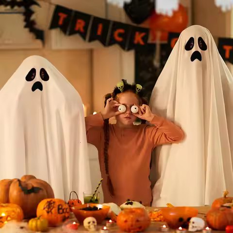 Halloween Ghost Costume Smile Face Eyes Tongue out Robe for Adult Kids Trick-or-Treat Party Cosplay 