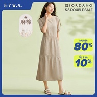 GIORDANO ผู้หญิง เดรส เดรสผ้าลินิน ผ้าฝ้ายน้ำหนักเบา เดรสหวาน คอกลม แขนพัฟ แฟชั่นลำลอง ชุดเดรสพลีท Free Shipping 05464323