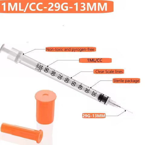 100pcs/Box 1ml 29G 1/2" Sterile Insulin Syringe With 13 mm Needle Orange Cap, Individually Packed fo