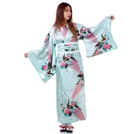 กิโมโนญี่ปุ่น ยูกาตะหญิง ยูกาตะกิโมโน กิโมโนยาวผู้หญิง (สีฟ้า) ชุดแฟนซีญี่ปุ่น แฟนซีญี่ปุ่น Women Ge