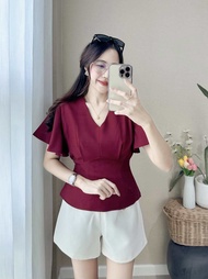 เสื้อผูกโบว์ แขนระบาย แต่งจีบหน้าผ้า Hiso-fi ซับในทั้งตัว ตัดเย็บเกรดพรีเมียม