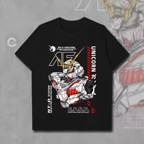 BANDAI Gundam RX-0 Unicorn Unisex Pure Cotton T-shirt 2026 Summer Hot Anime Print Loose Casual Paren