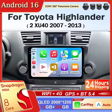 Android 16 For Toyota Highlander 2 XU40 2007 - 2013 Carplay Auto 2K Screen Car Radio Multimedia Play