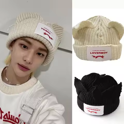 KPOP HyunJin Knitted Hat WAYV HENDERY INS Style Wool Cat Ear Hat Winter Warm Decorative Cap Couple C