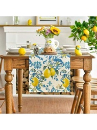一條藍色檸檬圖案亞麻桌旗，13*72英寸季節性春/夏季廚房餐桌裝飾，適用於家庭派對裝飾