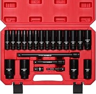 CASOMAN CR-V 1/2-Inch Drive Deep Impact Socket Set, 8 mm to 32 mm, Metric, 6 Point, with Extension B