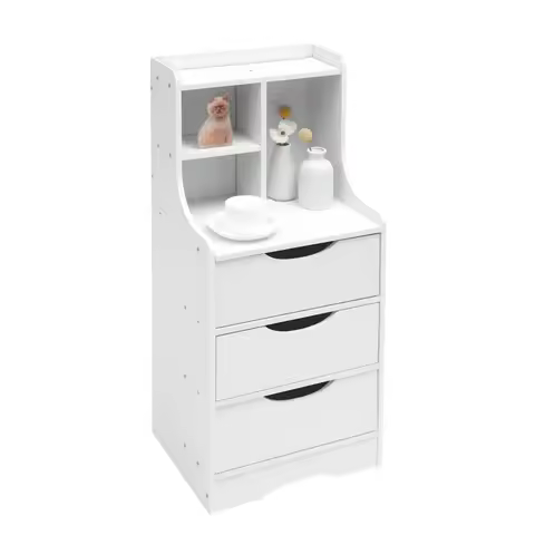 Bedside Table, Tall White Nightstand 3 Drawers Storage Cabinet Side Stand Cabinet Night Stand Tall E