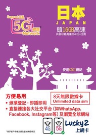 Lucky - Lucky2【日本】8日 無限數據卡｜支援5G/4G LTE｜首16GB高速