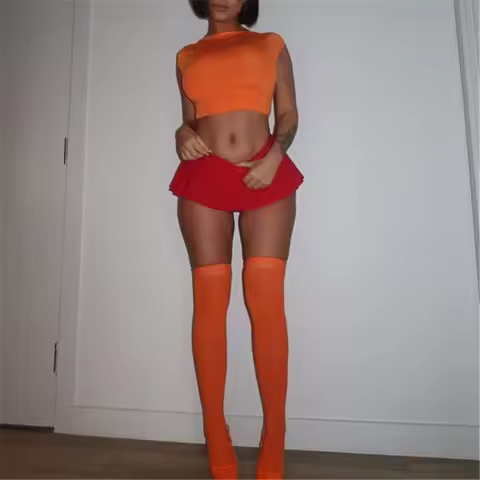 Women Short Sleeve Crop Tee Pleated Mini Skirt Orange Thigh High Socks Halloween Scooby Doo Daphne T