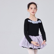 Toddler Long Sleeves Breathable Cotton Dance Leotard with Tutu Performance Dance Dress Girl Elegant 
