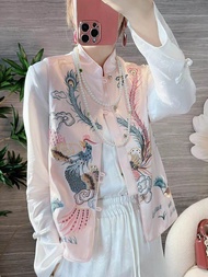 Fancy Chinese Button Knots Vest Women's Satin Heavy Industry Phoenix Embroidery Chinese Style Cheongsam Stand-up Collar Waistcoat Short Jacket
