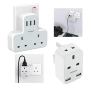 TESSAN 2 Way Multi Plugs Double Socket USB Charger Multi Ports,Shaver Plug Wall Charger Plug Extension with 2 Outlets and 3 USB Ports 3250W,13A Power Adapter 3 Pin Power Strip