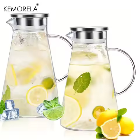 KEMORELA 2PCS 2L High Borosilicate Glass With Lid Large Capacity Water Bottles,Hot Cold Drinks,Dishw