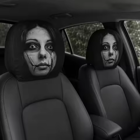 4 Pcs Ghost Face Headrest Covers with Ghost Face Mask Design Spooky Halloween Car Decor Covers Scary
