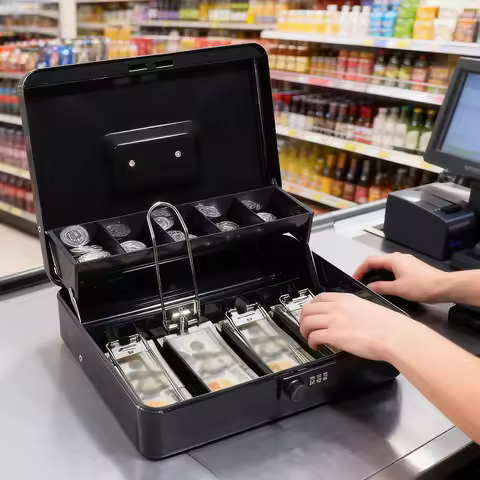 Money Box with Key -Money Tin with Lock - Lockable Cash Box with Coin Tray for Supermarket Petty Cas