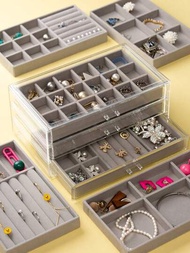 化妝桌抽屜整理盒天鵝絨珠寶托盤,可選擇3個抽屜的亞克力儲物盒,簡單時尚的組合,彈性絨質托盤diy,提供粉/米/灰三種顏色選擇,適用於家居化妝台上的珠寶和配件儲存