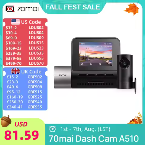 70mai Dash Cam A510 1944P 3K HDR Built-in GPS ADAS Smart Dash Cam A510 Support Rear Cam 4G Connectiv