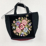 FEILER 手提包，戈布蘭織法，雪尼爾織法，花卉圖案，黑色，古著。