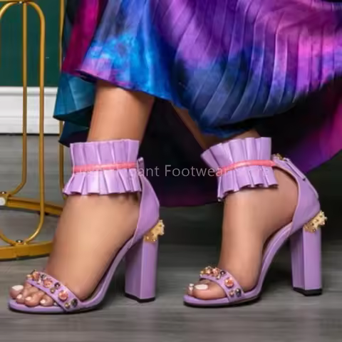 Red Color Ruffle Gemstone Decor Block Heel Sandals Women Patchwork Back Zipper One Strap High Heels 