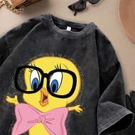 YS BUYER Short Sleeve Tshirt Black Washed Oversize Unisex T-Shirt | Tweety Motif | Korean Style Clot