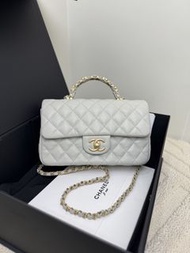 Chanel 香奈兒 閒置 25B 淺灰色金釦荔枝紋牛皮 chanel CF 大mini 手提