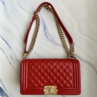 Chanel Boy Lambskin Red Medium 25cm Gold Chain